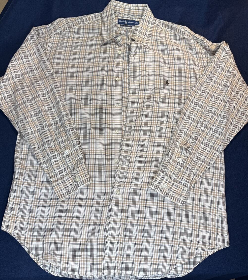 Polo Ralph Lauren Blake Two-Ply Tan Plaid Large Button Down Dress Shirt